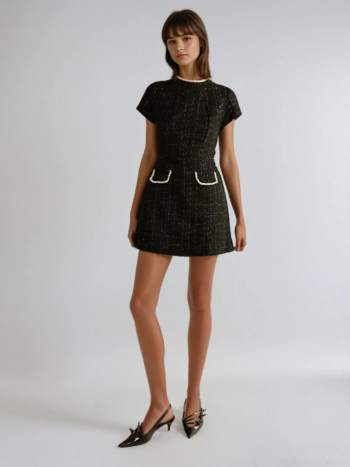 Slim Fit Elegant Style Short Sleeve Tweed Dress