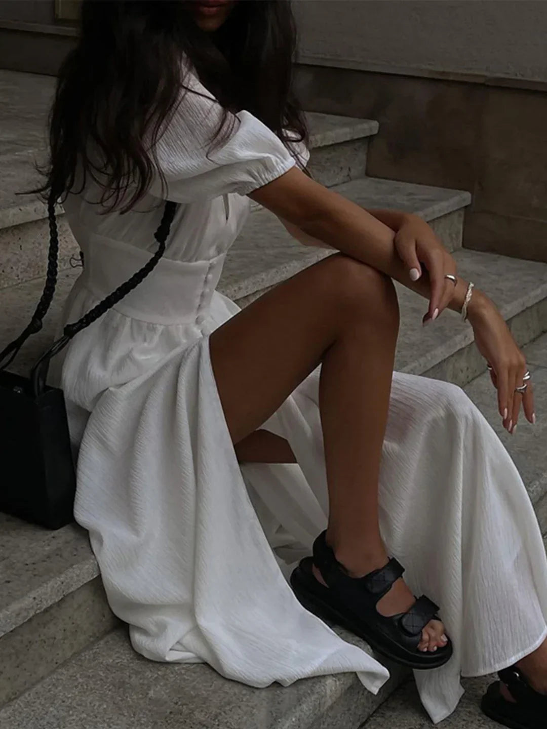 Bubble Sleeves Frenchy Button Split Long Dress