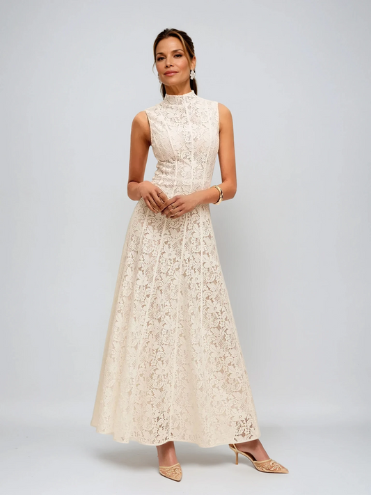 Half Turtleneck Sleeveless Semi-Sheer Lace Dress
