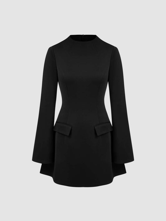 High Neck Solid Long Sleeve Mini Dress