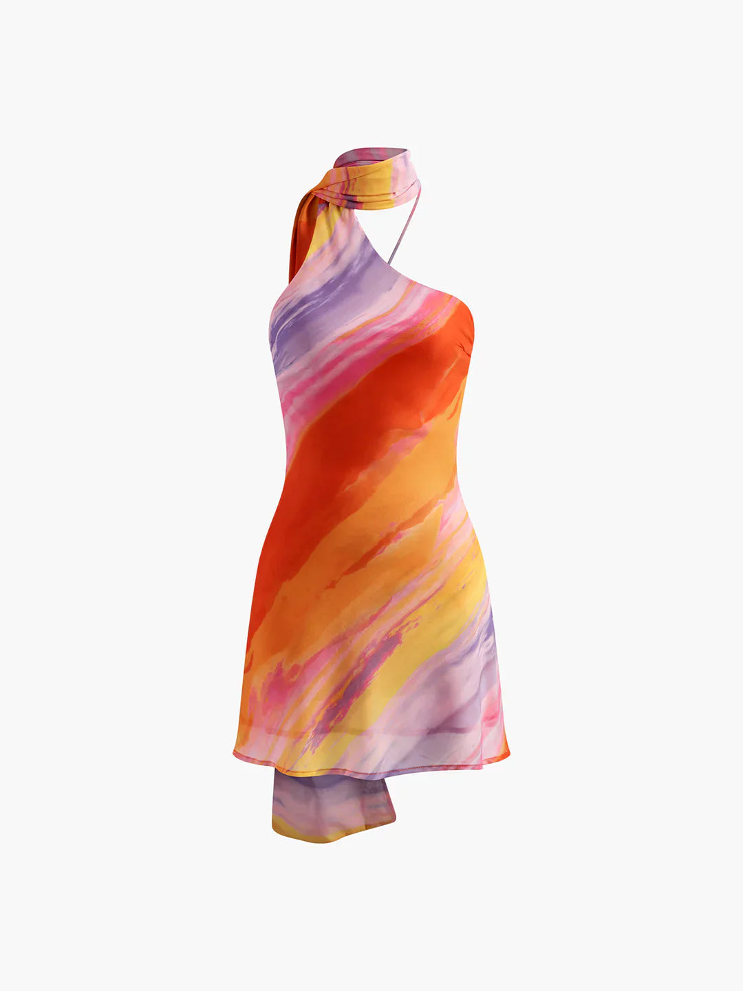 Semi-Sheer Halter Backless Tie Dye Short Dress