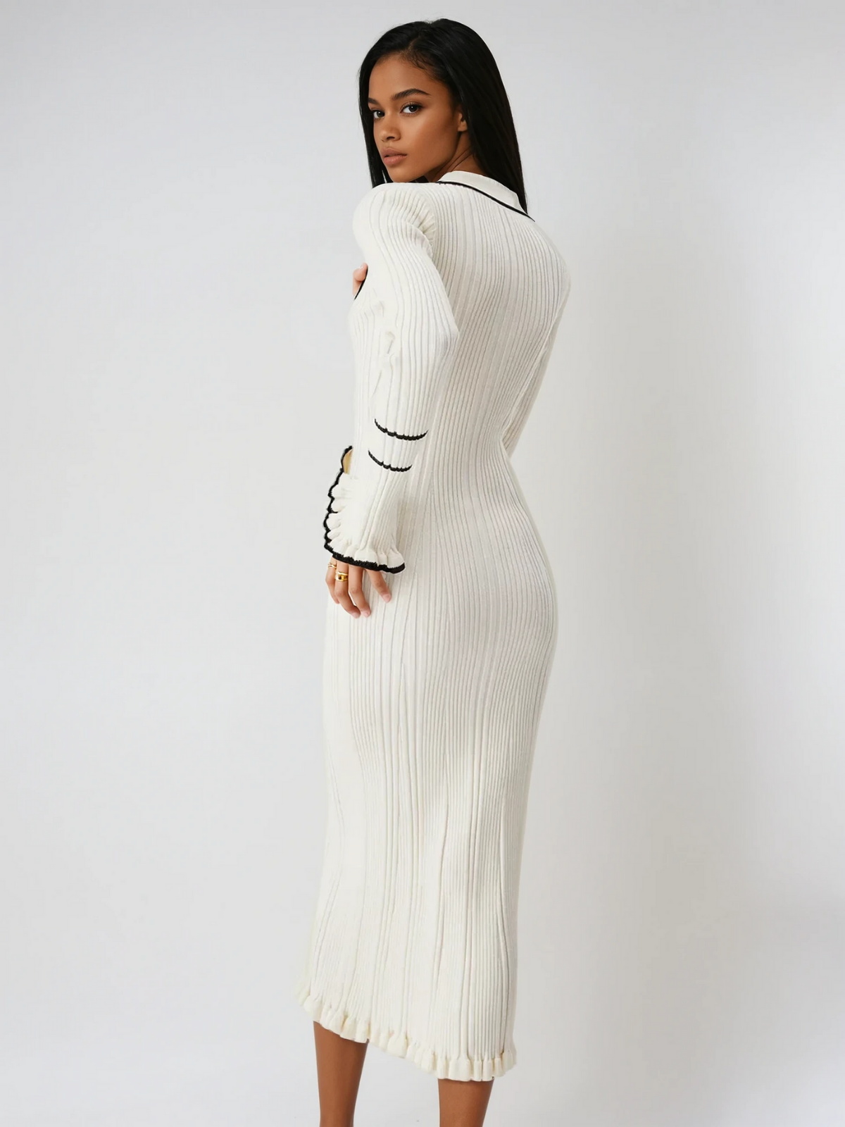 Oldmoney Style Contrast Ruffled Trim Midi Dress