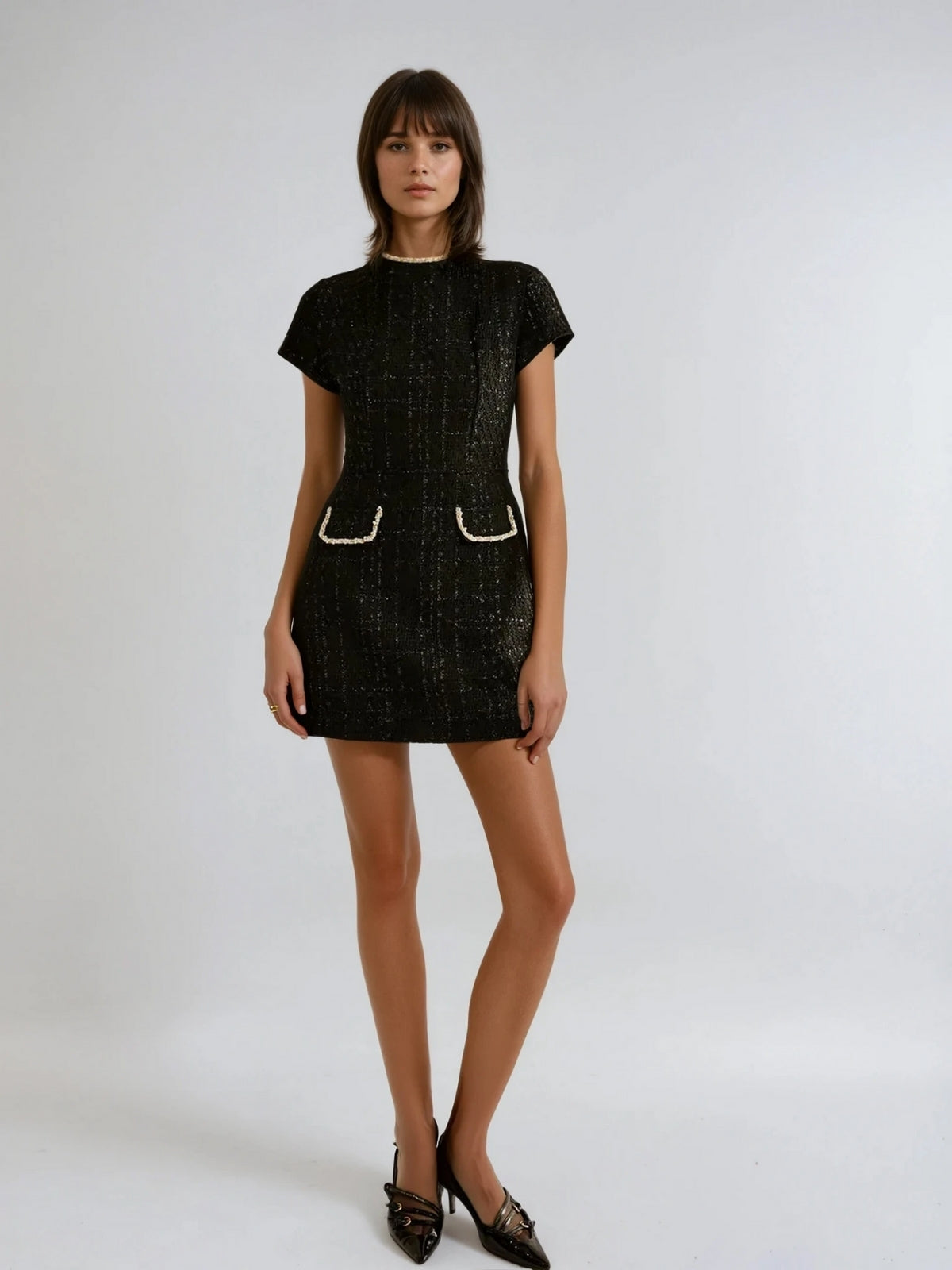 Slim Fit Elegant Style Short Sleeve Tweed Dress