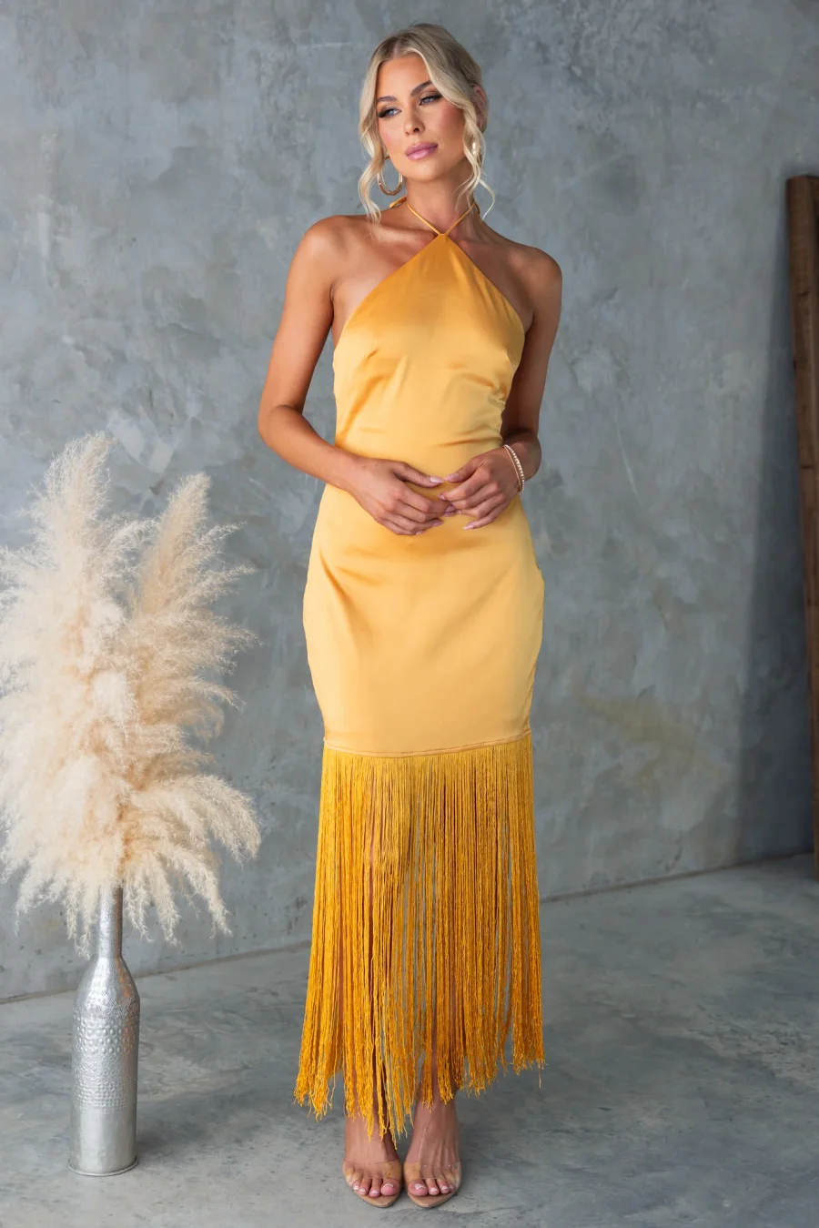 Neckless Strapless Fringe Dress