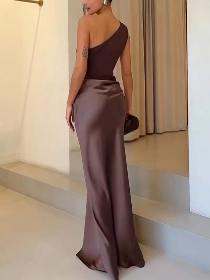 Elegant One Shoulder Pleated Maxi Party Dress