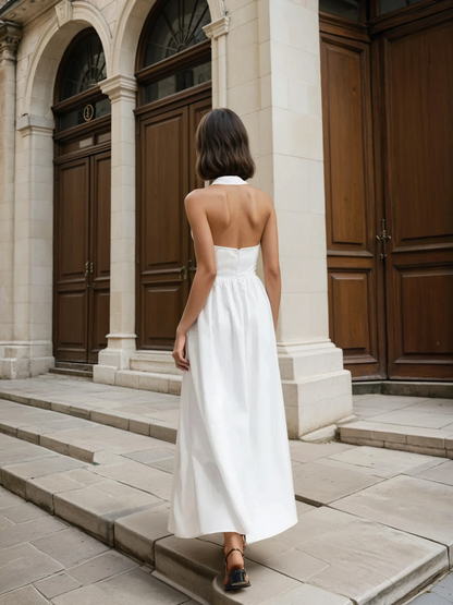 Simple and Chic Cotton & Linen Halter A Line Long Dress