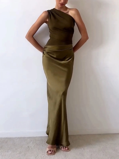 Elegant One Shoulder Pleated Maxi Party Dress