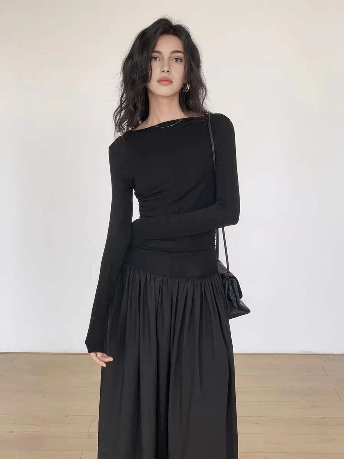 Pleated Patchwork Knit Long Sleeve Midi Dress