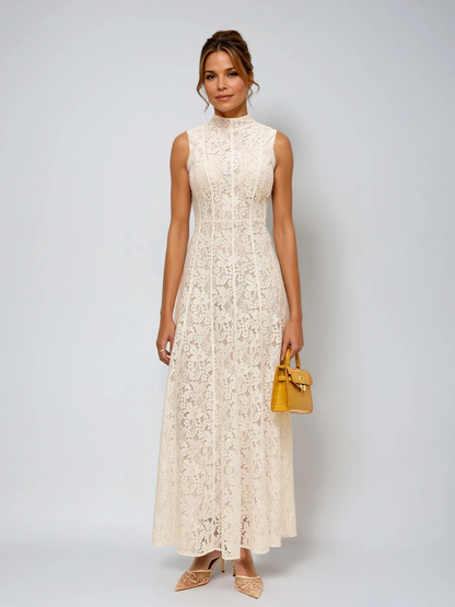 Half Turtleneck Sleeveless Semi-Sheer Lace Dress