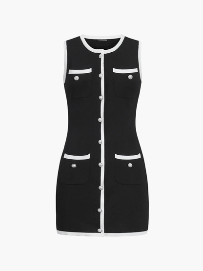 Multi Pocket Button Sleeveless Short Sweater Dress