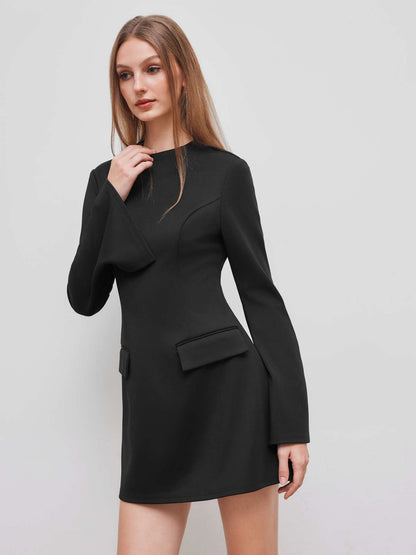 High Neck Solid Long Sleeve Mini Dress