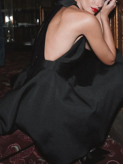 Satin Knotted Double Pockets Open Back Pleated Mini Dress