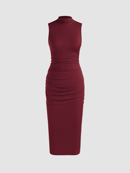 Sleeveless Round Neck Pleated Slit Dress