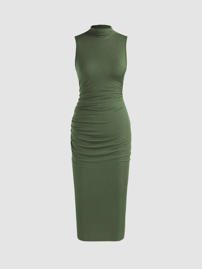 Sleeveless Round Neck Pleated Slit Dress
