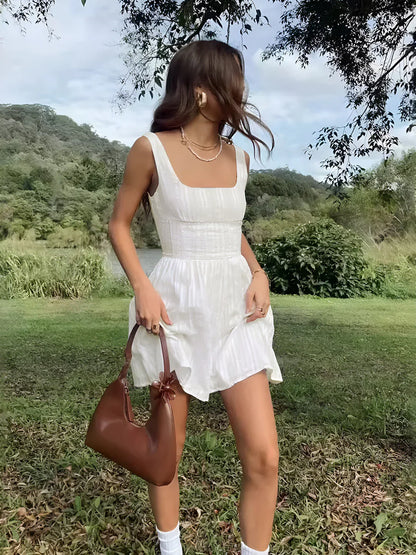 Semi-Sheer Solid Square Neckline Short Dress