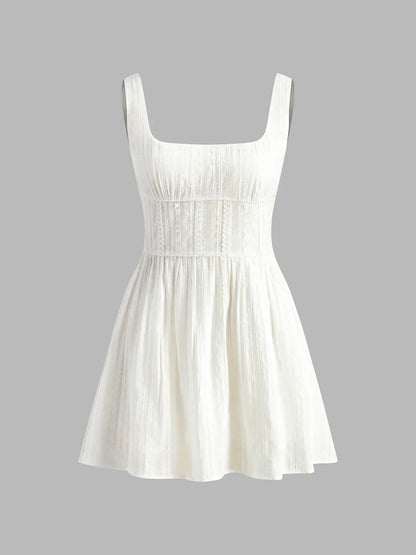 Semi-Sheer Solid Square Neckline Short Dress