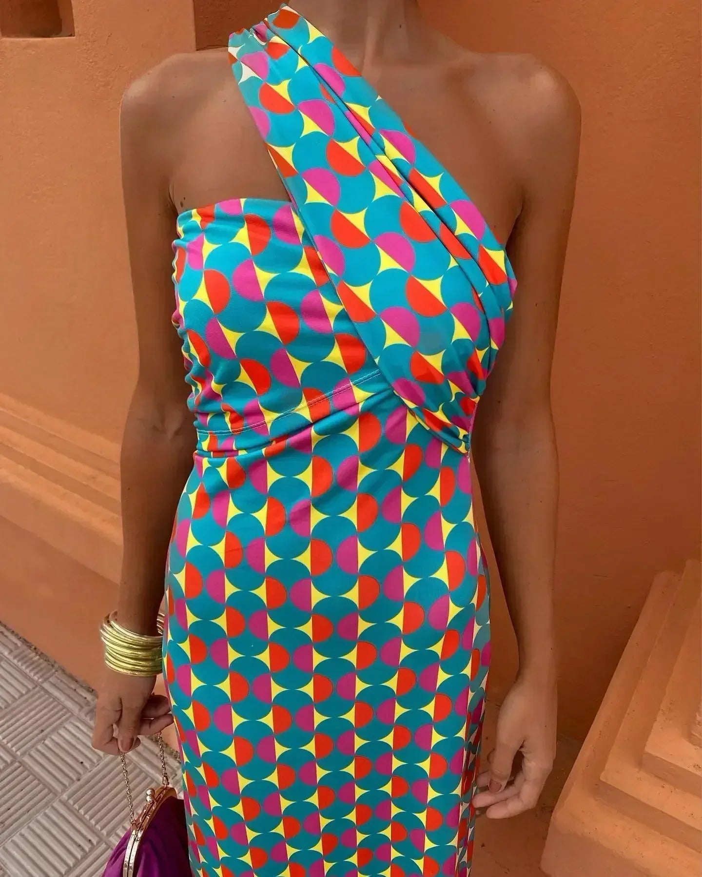 Irmgardi - Colorful Asymmetric Neckline Dress