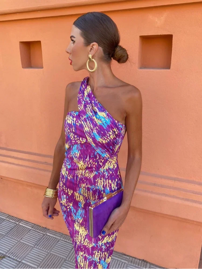 Irmgardi - Colorful Asymmetric Neckline Dress