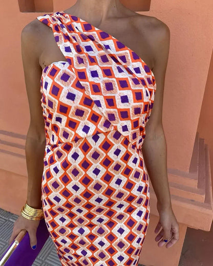 Irmgardi - Colorful Asymmetric Neckline Dress