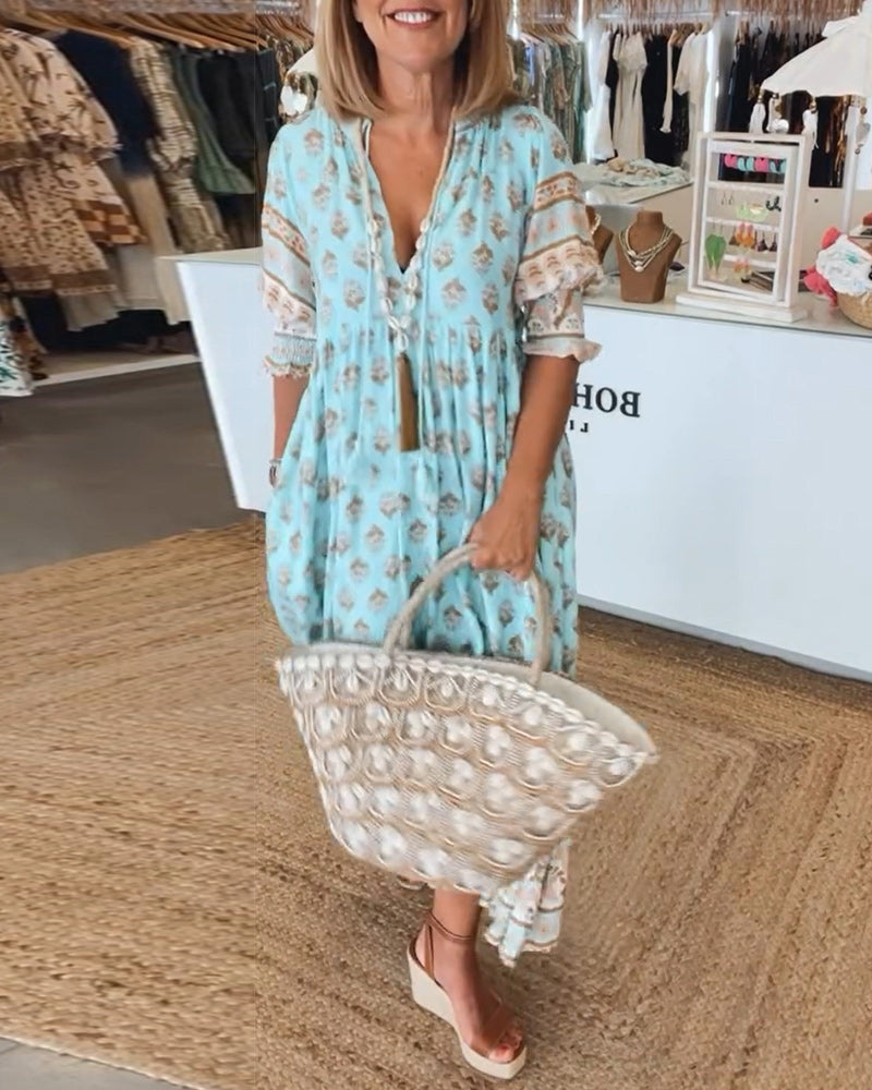 Jasmine - Relaxed Long Lantern Sleeves Boho Maxi Dress